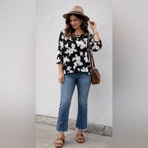 Caribbean Queen black mesh embroidered rose detailed top